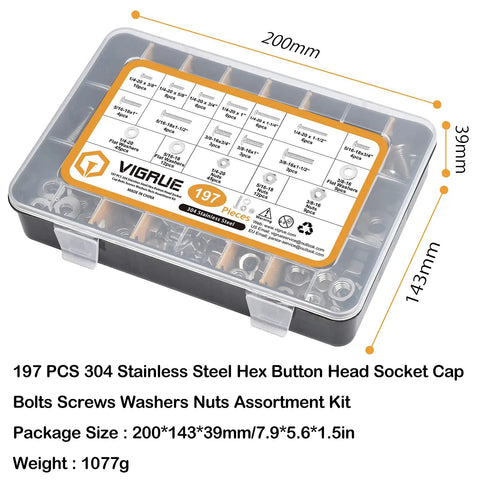 Clear box displaying 197Piece SAE Hex Button Head Screw Set With 1/4-20 5/16-18 3/8-16 Bolts, Washers And Nuts, 304 Stainless Steel Hardware Kit Including 12 Sizes For DIY Projects And Professional Repairs.