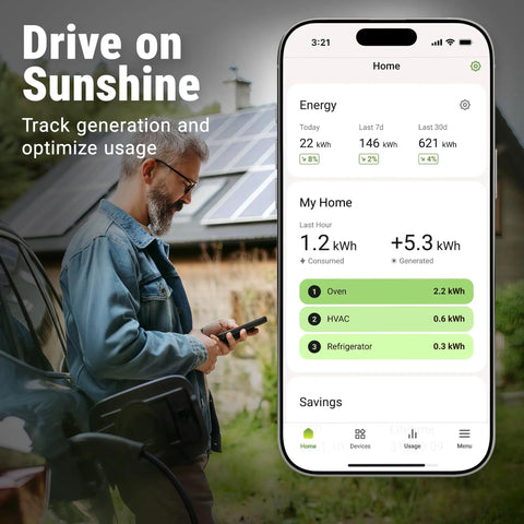 Drive on Sunshine screen showing energy usage and solar generation tracking for real time home energy monitor.
