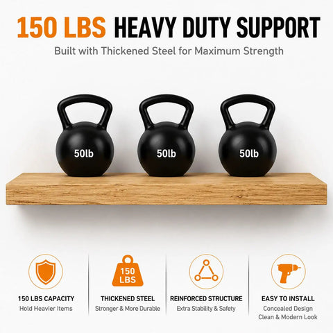 Three 50 lb kettlebells on a wooden shelf illustrating 150 lbs support for the Two Pack 22 Inch Heavy Duty Floating Shelf Brackets.