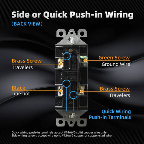 Back view of Three Way Decorator Light Switch 15 Amp 120 To 277 Volt Rocker Paddle Replacement with wiring details.