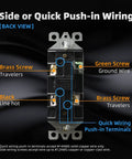 Back view of three way decorator light switch showing side and push-in wiring details.