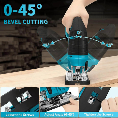 Demonstration of 20V Brushless Cordless Jig Saw With 4.0Ah Battery adjusting bevel angle for 0-45° cutting on wood
