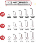 Size chart displaying M3, M4, M5 stainless steel hex socket head cap bolts screws nuts set from 510Pcs M3 M4 M5 Stainless Steel Hex Socket Head Cap Bolts Screws Nuts Set In 304 Stainless Steel For DIY Projects Home Repairs Machinery And Automotive Use Assortment Kit.
