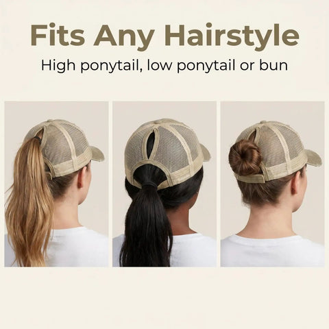 Three women wearing a Womens Ponytail Cap With Dual High And Low Openings For Messy Buns And Thick Hair Distressed Washed Dad Hat