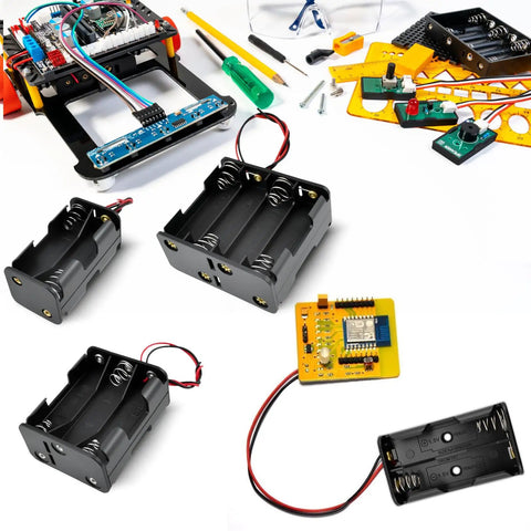 Kickstart Your Diy Electronics Projects With This Solid Gear Four Pack Aa Battery Holder Case Kit Featuring 3V 6V 9V 12V Options with attached wires.