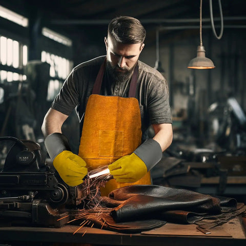 Man welding in Beefed Up Heat Resistant Welding Apron For Men With Thick Cowhide Leather Flame Retardant Blacksmith Shield