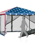 Easy Up 10x10 Pop Up Canopy With Netting And Mesh Sidewalls, Carrying Bag, Adjustable Height, American Flag Outdoor Shade Tent set up