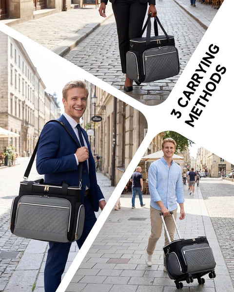 Rolling Teacher Tote Bag With Accordion File Organizer And Fifteen Point Six Inch Laptop Compartment shown with 3 carrying methods in use