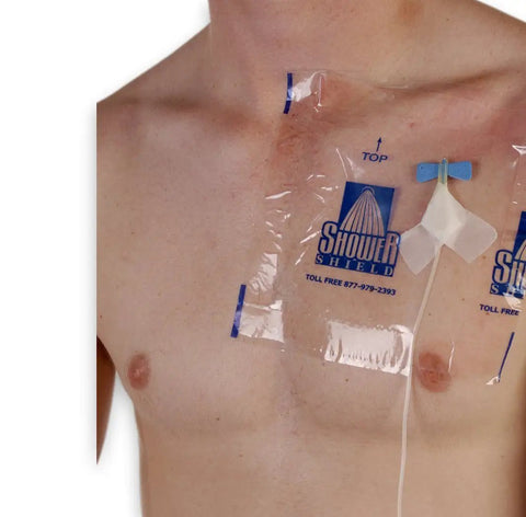 Person with PICC Line Moisture Barrier 9 By 9 Inch Waterproof Dressing Cover for catheters applied on chest for shower protection.