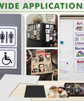 Various uses of 8x10 Inch Magnetic Sheets 12 Pack With Adhesive for crafts, photos, fridge display, and DIY projects shown in collage.