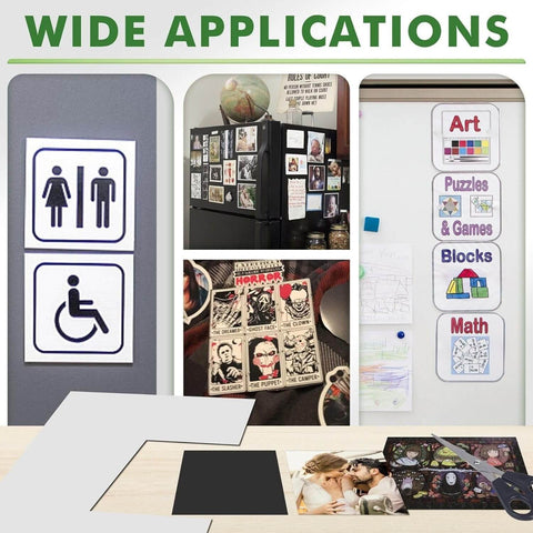 Various uses of 8x10 Inch Magnetic Sheets 12 Pack With Adhesive for crafts, photos, fridge display, and DIY projects shown in collage.