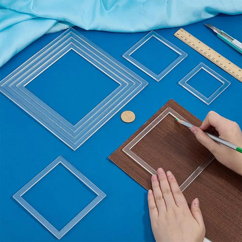 Top Shelf Set Of Eight Square Router Templates For Woodworking Projects Tough Clear Acrylic Tracing Jigs From Two Point Nine To Eight Inches used for marking wood.