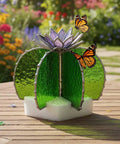 Next Level Stained Glass Soldering Jig With 3D Cactus Mold Template showing vibrant green glass with butterflies in garden setting.