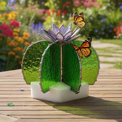 Next Level Stained Glass Soldering Jig With 3D Cactus Mold Template showing vibrant green glass with butterflies in garden setting.