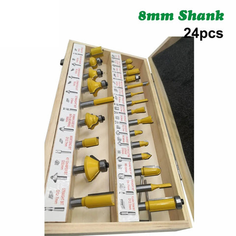 Professional 24 Piece Router Bit Set With 8Mm Shank And Carbide Tips For Killer Precision Woodworking in a wood box.
