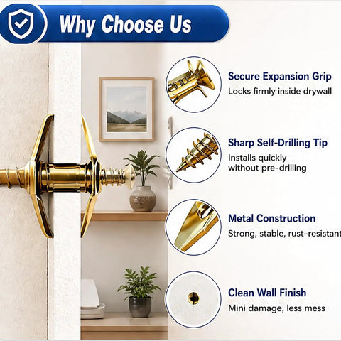 Heavy Duty Self Drilling Drywall Anchors And Screws Kit 200 Pieces No Drill Needed With 66 Lbs Max Support For Quick Rock Solid Wall Mounts In Home Or Office showing gold metal anchor and wall use