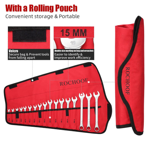 Combo Wrench Set 33 Piece Chrome Vanadium Steel Wrenches 12 Point SAE and Metric with Rolling Pouch displayed open and closed