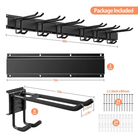 48 inch wall mounted storage rack with six double layer hooks for shovels and ski gear, heavy duty steel, DIY garage use.