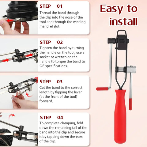 CV Joint Boot Clamp Pliers Kit With 10 Stainless Steel Adjustable Band Clamps For Most Cars, Heavy Duty Automotive Boot Clamps, Fits 1.25 To 1.62 Inches And 2.75 To 5 Inches. shown with step-by-step clamp installation