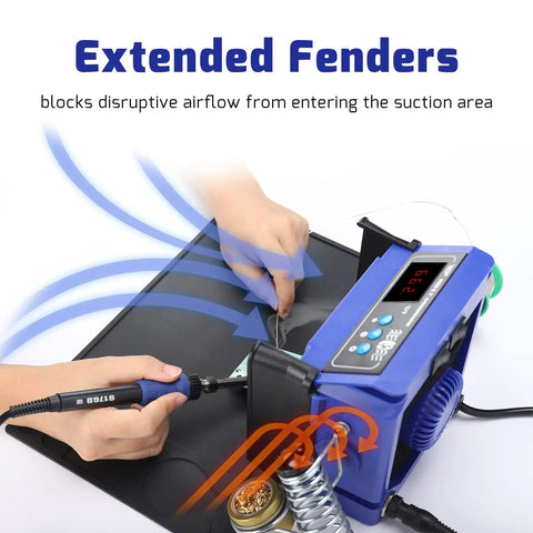 Hands using Fume Extractor And Soldering Station 2 In 1 Solder Smoke Absorber With PID Temperature Control, showing extended fenders.