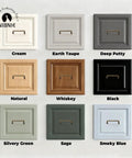 Ten Pack Antique Brass Cabinet Pulls with Center to Center Mounting of Three and Three Quarters Inches displayed on nine cabinet finishes.