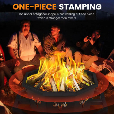 Group enjoying 35 Inch Octagonal Outdoor Fire Pit Smokeless Wood Burning Fire Pit For Backyard Patio Camping Garden And Porch Black High Heat Convection Chamber.