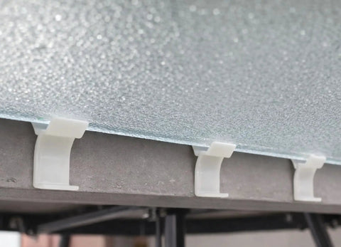 10 Pack Nylon Table Rim Clips For Patio Glass And Acrylic Tops, 1.575 In By.760 In, White Color shown securing glass top