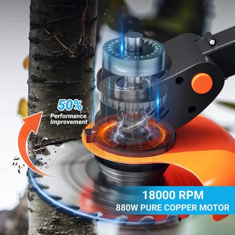Cordless Weed Wacker With 21V Power, Stringless Electric Weed Eater motor close-up, 880W brushless motor with performance details.