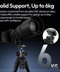 T100 Ball Head For Cameras And Gear With One Quarter To Three Eighths Inch Threaded Mounts 360 Degree Panoramic Rotation Quick Release Plate Cold Shoe Ideal For DSLR Tripod Monopod Slider And Camcorder Supports Up To 13 Lbs showcased on tripod handling heavy lens