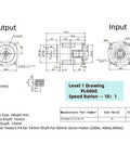 TOSEASTARS planetary gearbox 10:1 speed reducer; front and side drawings with 14mm input shaft and 60mm frame.