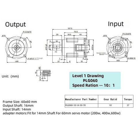 TOSEASTARS planetary gearbox 10:1 speed reducer; front and side drawings with 14mm input shaft and 60mm frame.