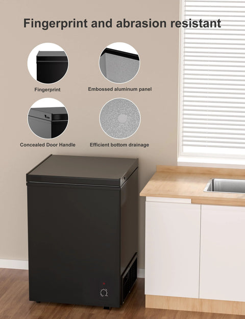 Ultra Quiet 5.0 Cu Ft Deep Freezer With Compact Design For Home And Small Shops in a kitchen setting, showing features.