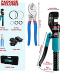 Heavy Duty Hydraulic Crimping Tool And Cable Cutter Kit with 9 Die Sets and Case, tools and measurements displayed.