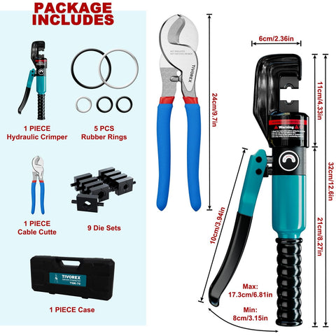 Heavy Duty Hydraulic Crimping Tool And Cable Cutter Kit with 9 Die Sets and Case, tools and measurements displayed.