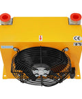 Top view of Beefy Industrial Hydraulic Oil Cooler with 100 Lpm flow, aluminum radiator, 110V fan, in yellow casing.