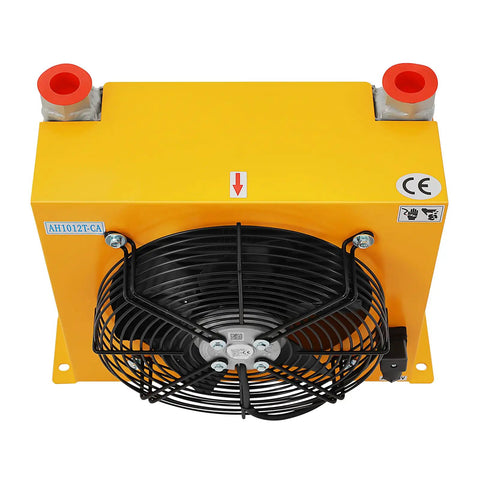 Top view of Beefy Industrial Hydraulic Oil Cooler with 100 Lpm flow, aluminum radiator, 110V fan, in yellow casing.