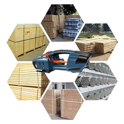 Handy Portable Electric Strapping Machine For Pet Or Pp Tape That Wields 2800N Force with packed boxes and materials.