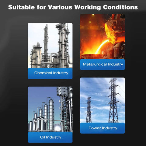Image depicting applications of the Flowmeter 2-20 LPM Acrylic Air Gas Flowmeter in chemical, metallurgical, oil, and power industries.