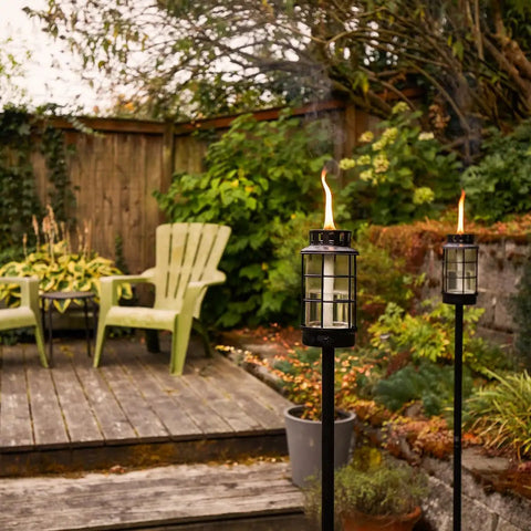 Outdoor Glass Lantern Torch For Patio And Garden With Weatherproof Build 4 Adjustable Height Poles Fiberglass Wick And Snuffer