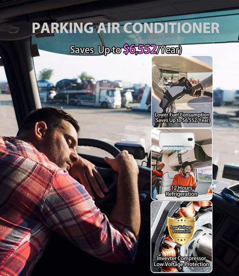 Driver sleeping in truck with 24V Mini Split Air Conditioner With Brushless Motor For Big Rig Sleepers, Semis, Vans And RVs.