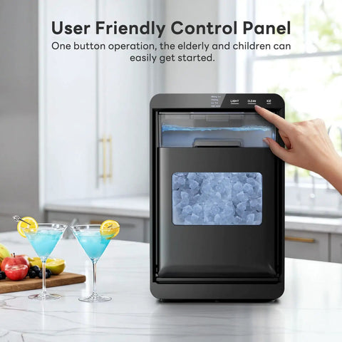 Quiet Nugget Ice Maker For Countertop With 44 Lb Daily Capacity next to drinks, showing control panel and ice storage bin.