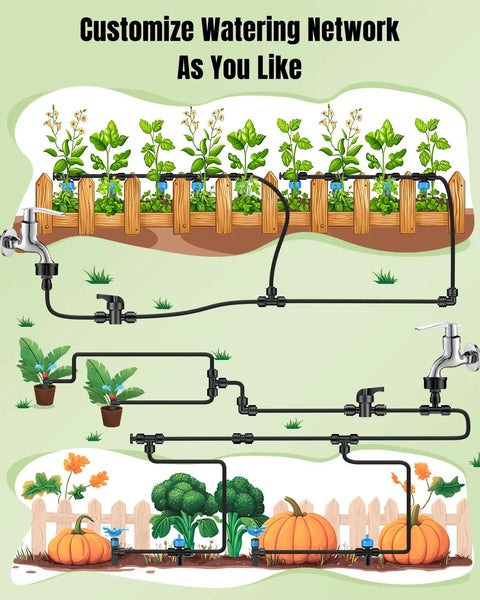 Diagram of 44 Piece Quick Connect Drip Irrigation Fittings Kit for One Quarter Inch Tubing with garden setup illustration