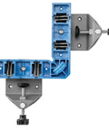 Clamp It Corner Woodworking Jig For 90 Degree Right Angle Cabinet Assembly with adjustment knobs in blue and gray ABS material.