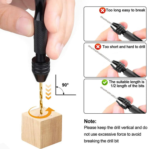 Demonstration of Miniature Pin Vise Hand Drill Set For Jewelry Making 67 Piece Dope Kit showing proper drill bit length