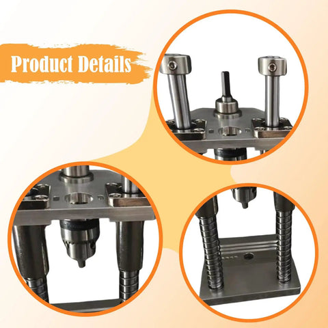 Close-up of Vertical Drill Guide Attachment for Home Workshops showing steel columns, base, and drill holder details.