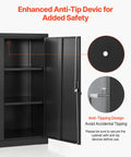 Sturdy 41.7 Inch Metal Storage Cabinet With 3 Tiers, 2 Adjustable Shelves, Lockable Magnetic Doors And 2 Keys, Heavy-Duty Steel Garage Pantry For Workshop, Basement, Office, Black anti-tip device shown with open door