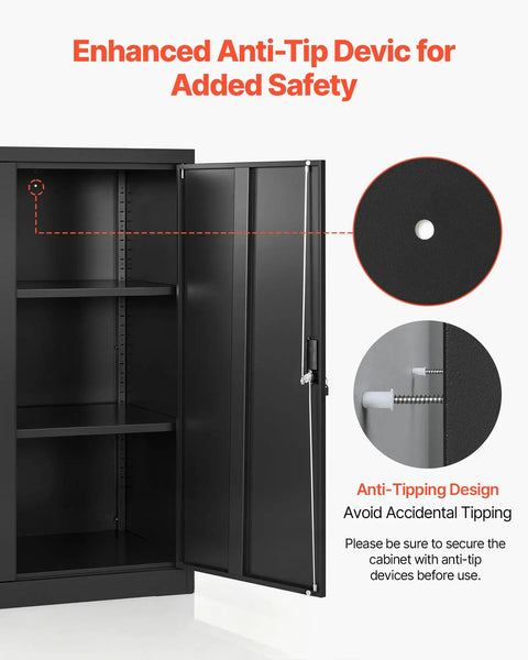 Sturdy 41.7 Inch Metal Storage Cabinet With 3 Tiers, 2 Adjustable Shelves, Lockable Magnetic Doors And 2 Keys, Heavy-Duty Steel Garage Pantry For Workshop, Basement, Office, Black anti-tip device shown with open door