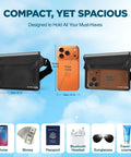 Waterproof Fanny Pack For Women IP68 Phone Passport Pouch Floating Dry Bag with dimensions and capacity illustration.