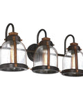 Vintage Style Three Light Indoor Vanity Light Fixture In Oil Rubbed Bronze With Barnwood Accents And Hand Blown Clear Seeded Glass