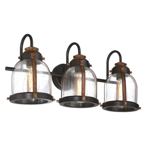 Vintage Style Three Light Indoor Vanity Light Fixture In Oil Rubbed Bronze With Barnwood Accents And Hand Blown Clear Seeded Glass